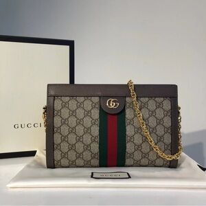 Gucci Beige and Brown Shoulder Bag with Gold Chain